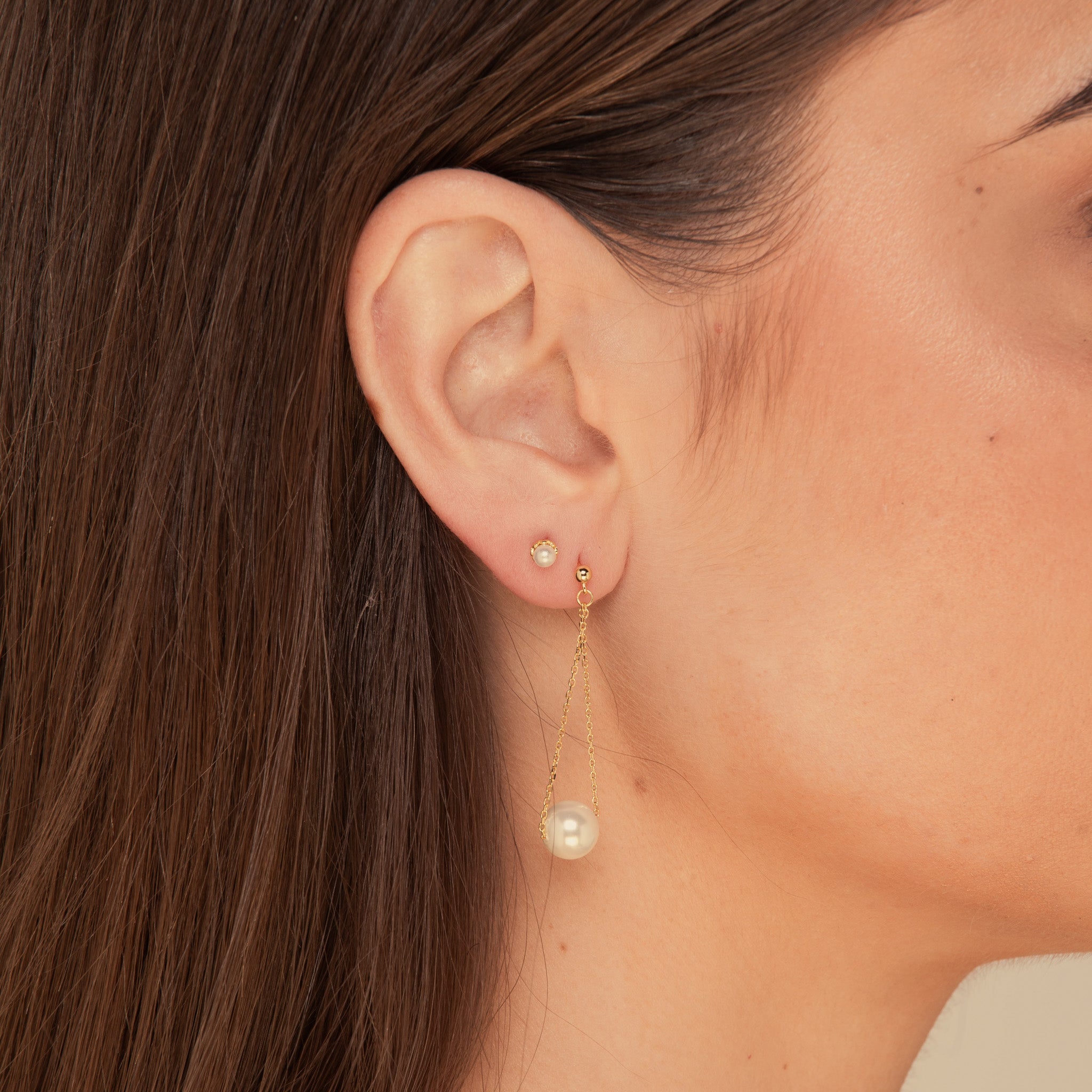 Haze Pearl Long Chain Stud Earrings Gold