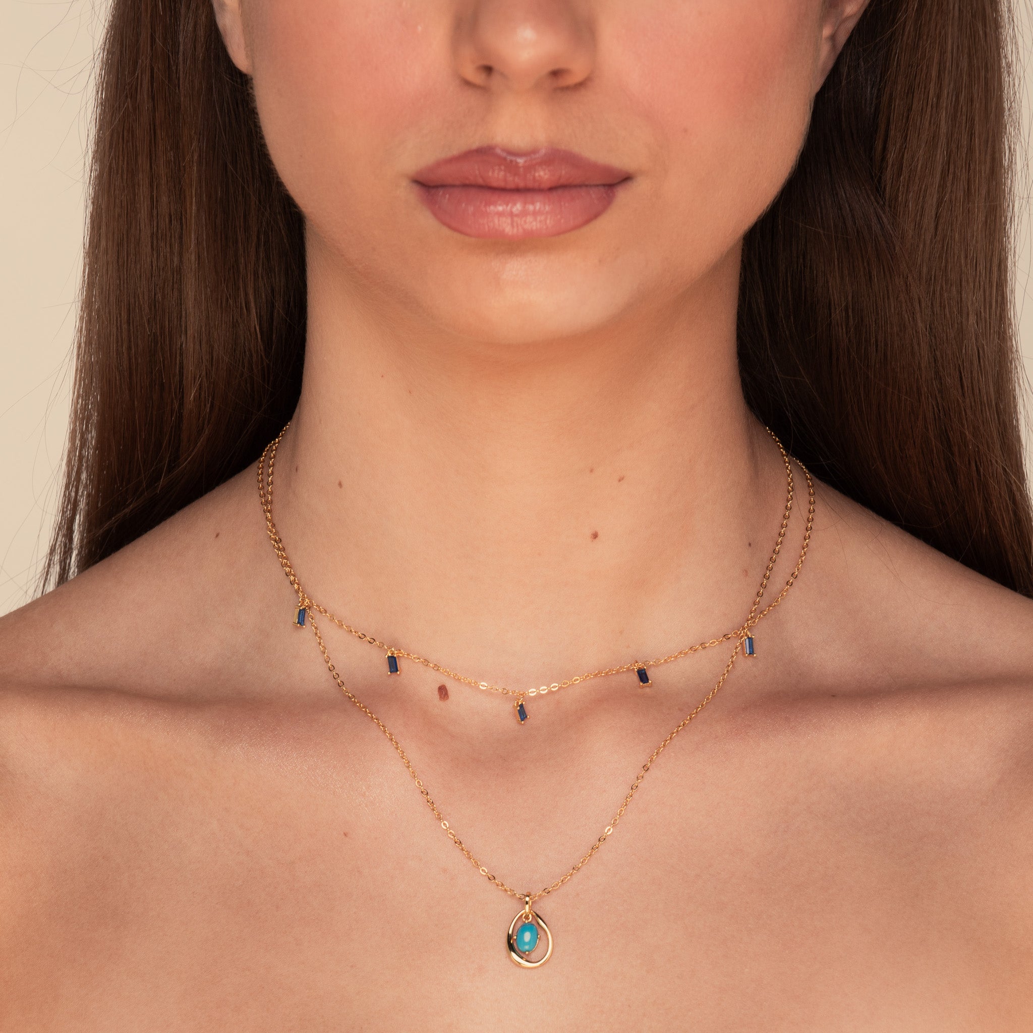 Blue Baguette Dangling Necklace Rose Gold