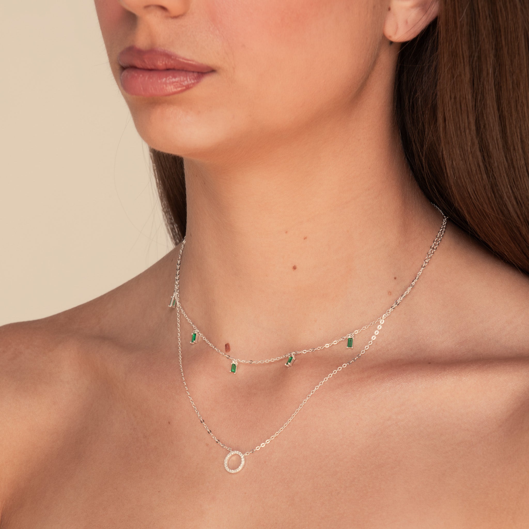 Emerald Green Baguette Dangling Necklace Rose Gold