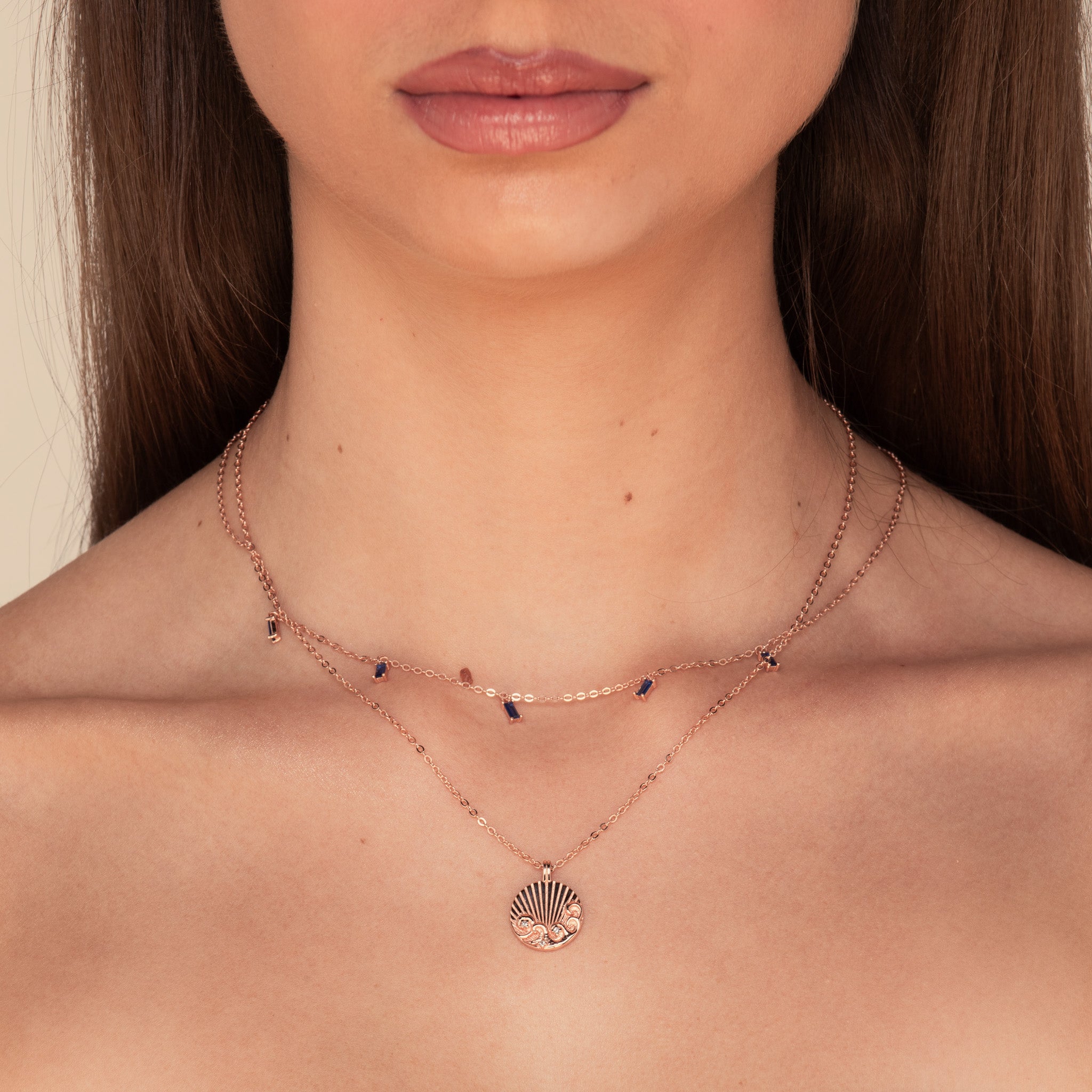 Blue Baguette Dangling Necklace Rose Gold