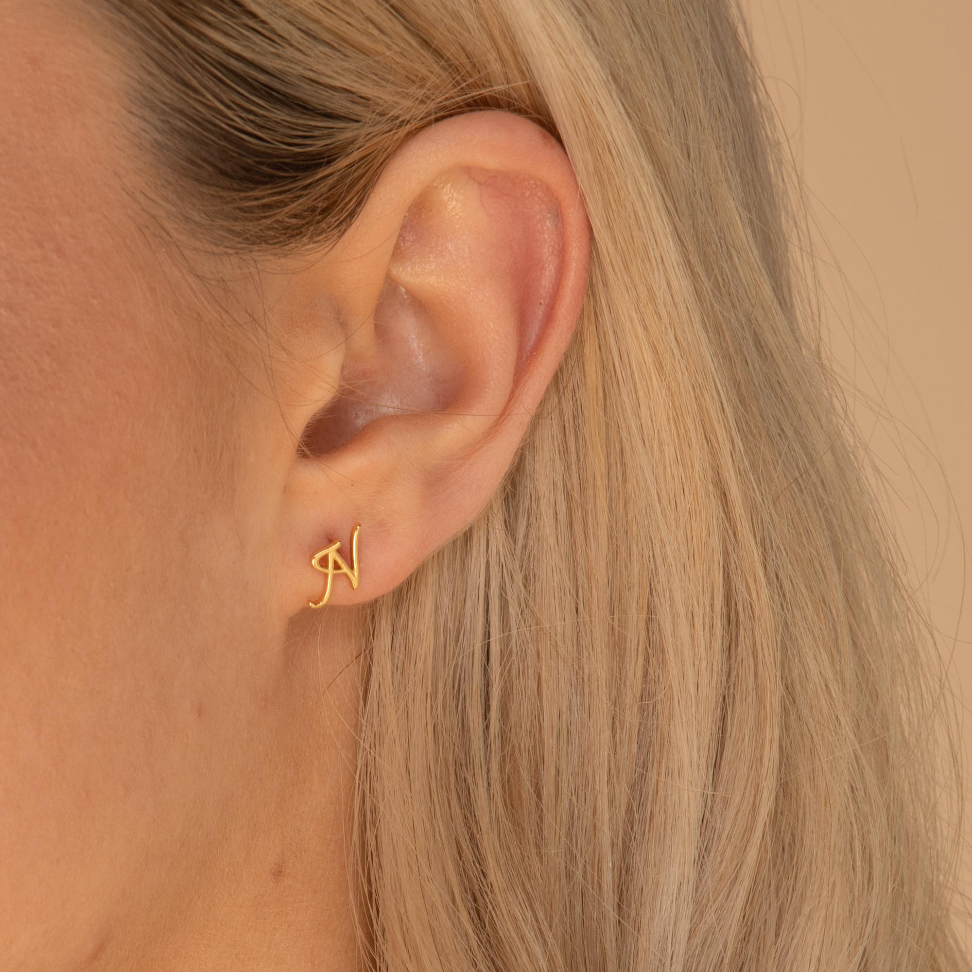 Script Initial Letter Stud Earrings Rose Gold