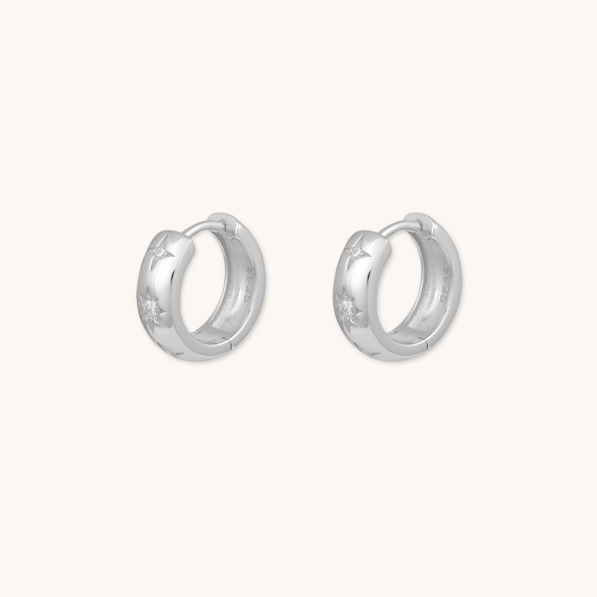 Thick North Star Hoop Earrings Silver