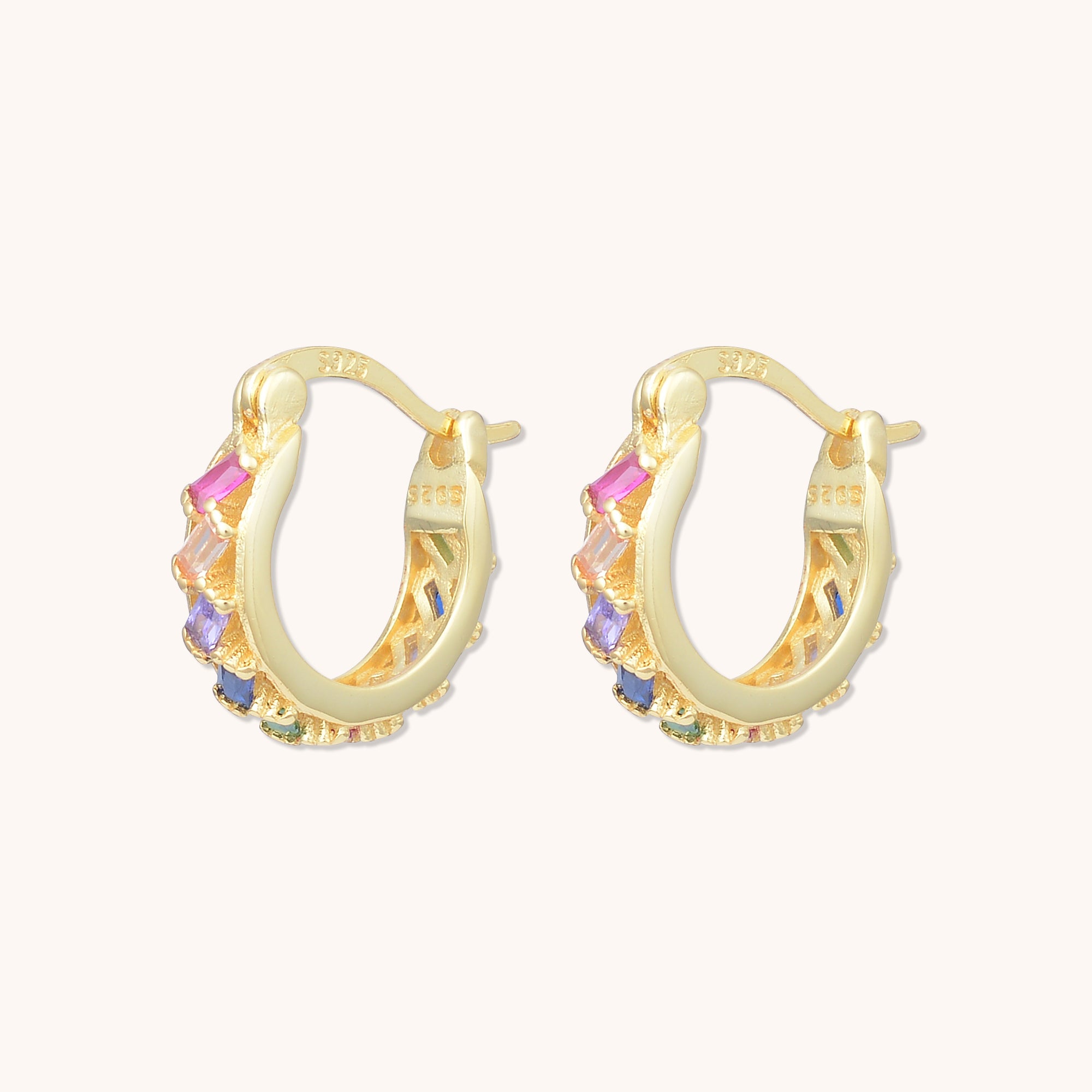 Floating Rainbow Baguette Huggie Earrings Gold