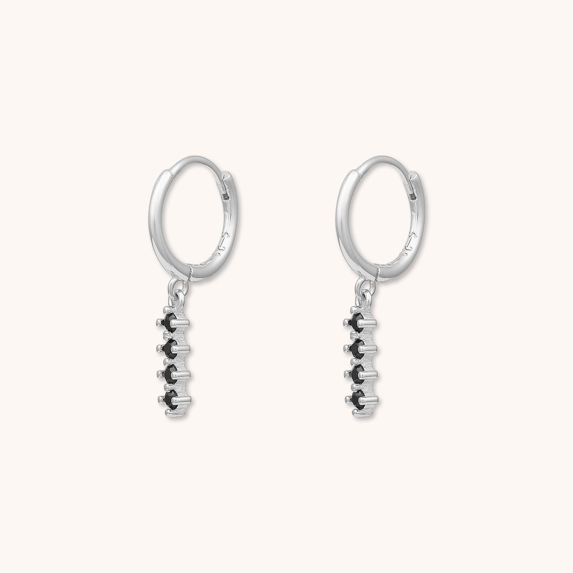 Black Line Bar Huggie Earrings Silver