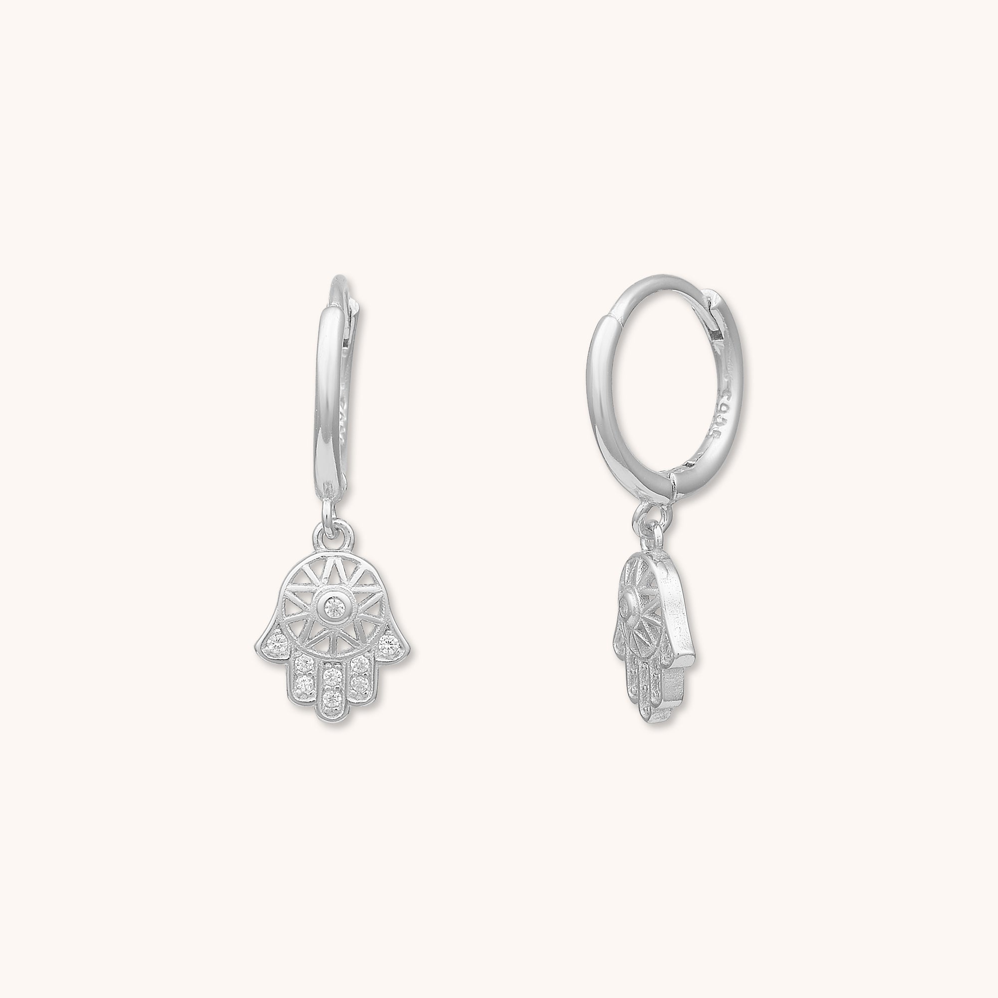 Hamsa Hand Huggie Earrings Silver