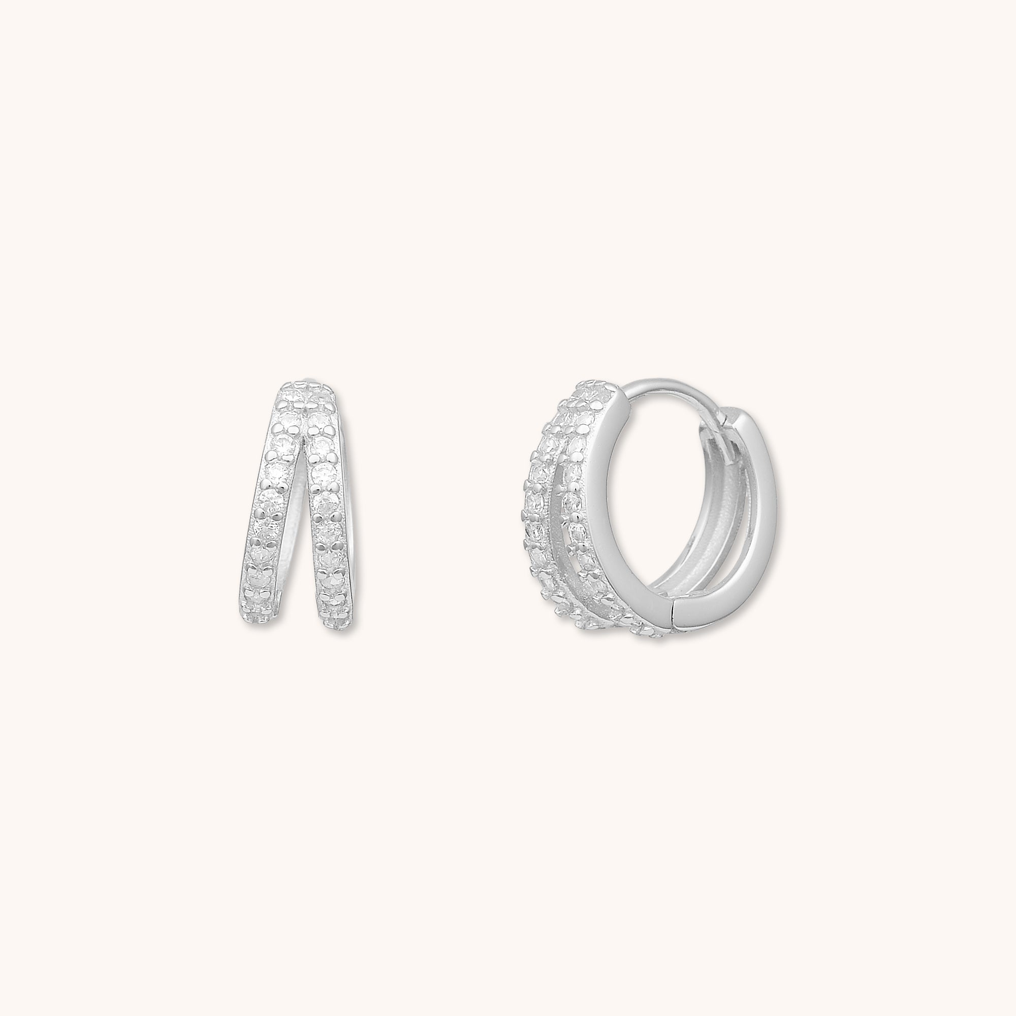 Double Zirconia Huggie Earrings Silver