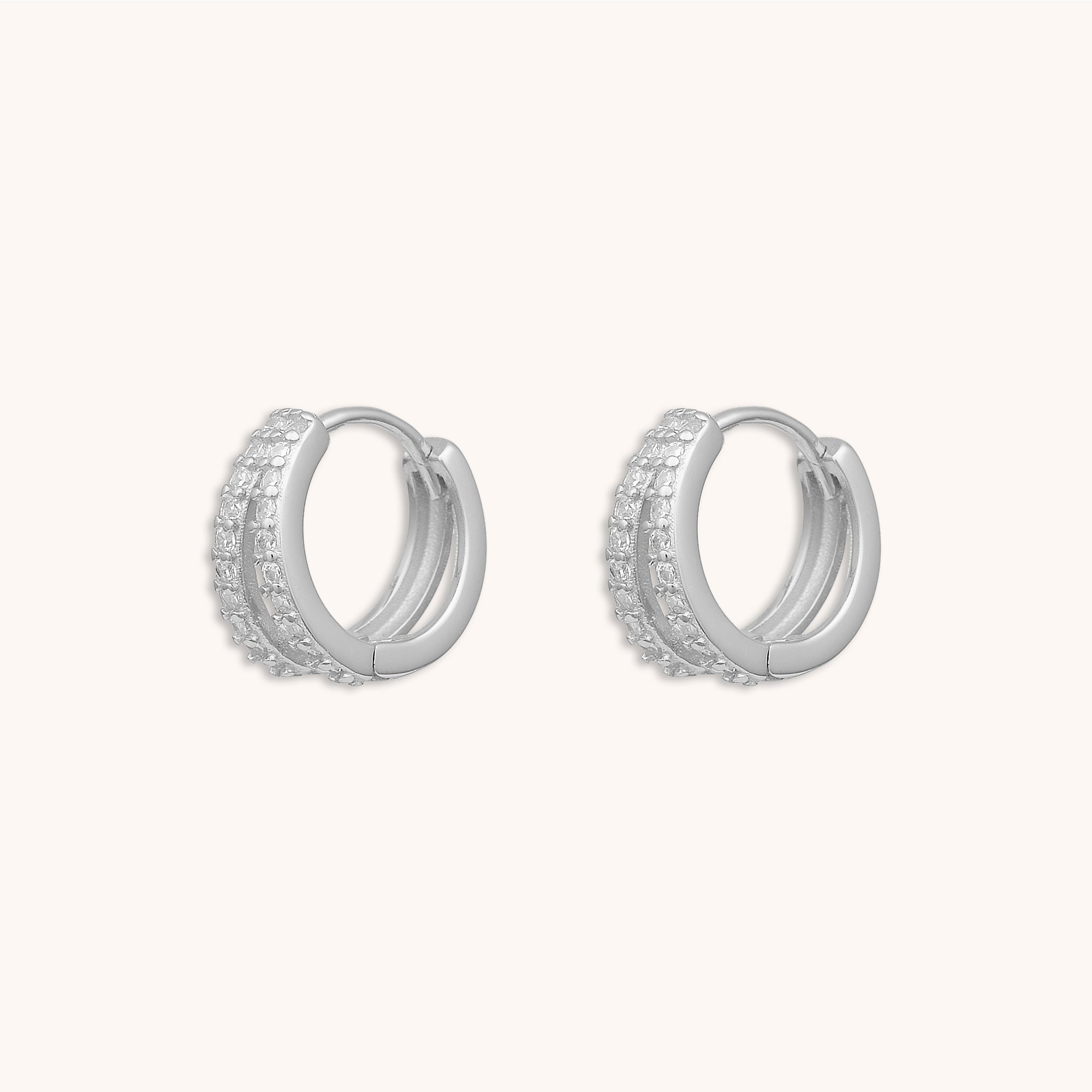 Double Zirconia Huggie Earrings Silver