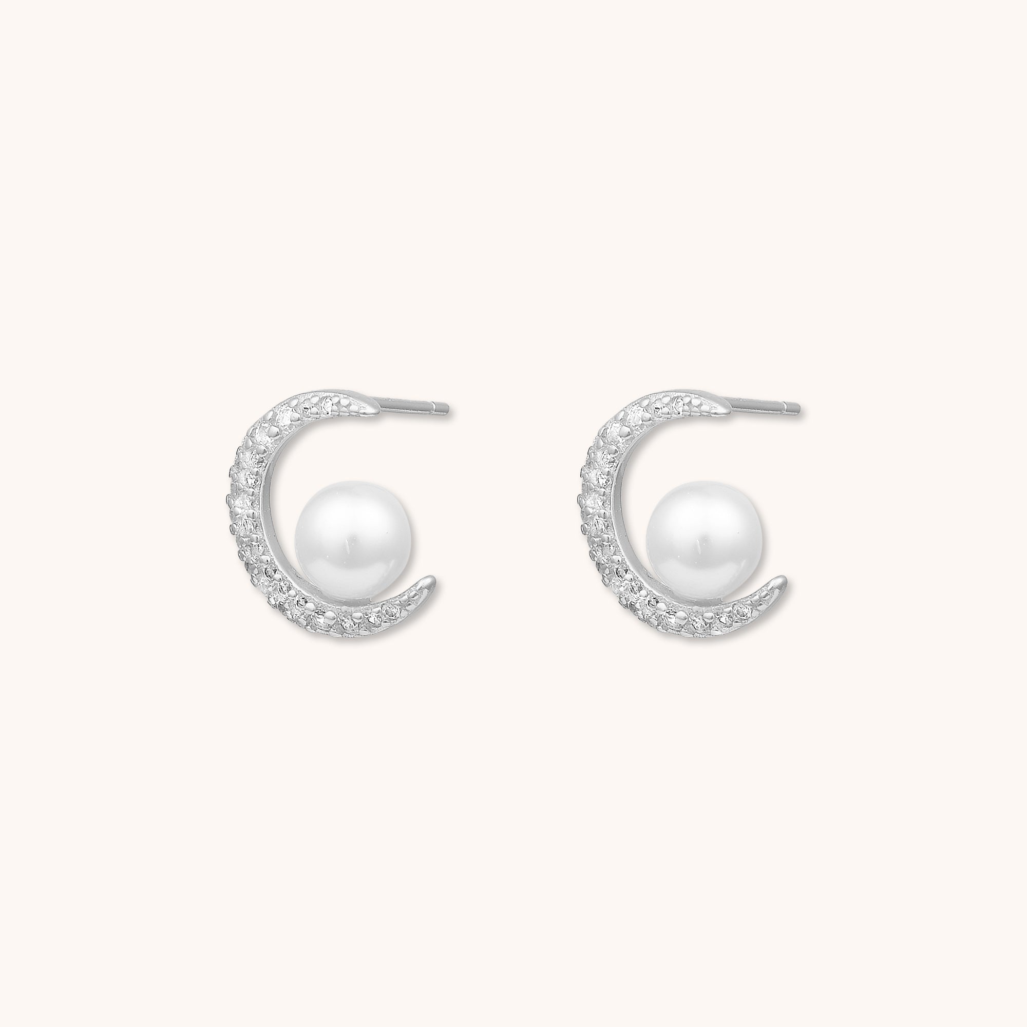 Moon Pearl Stud Earrings Silver