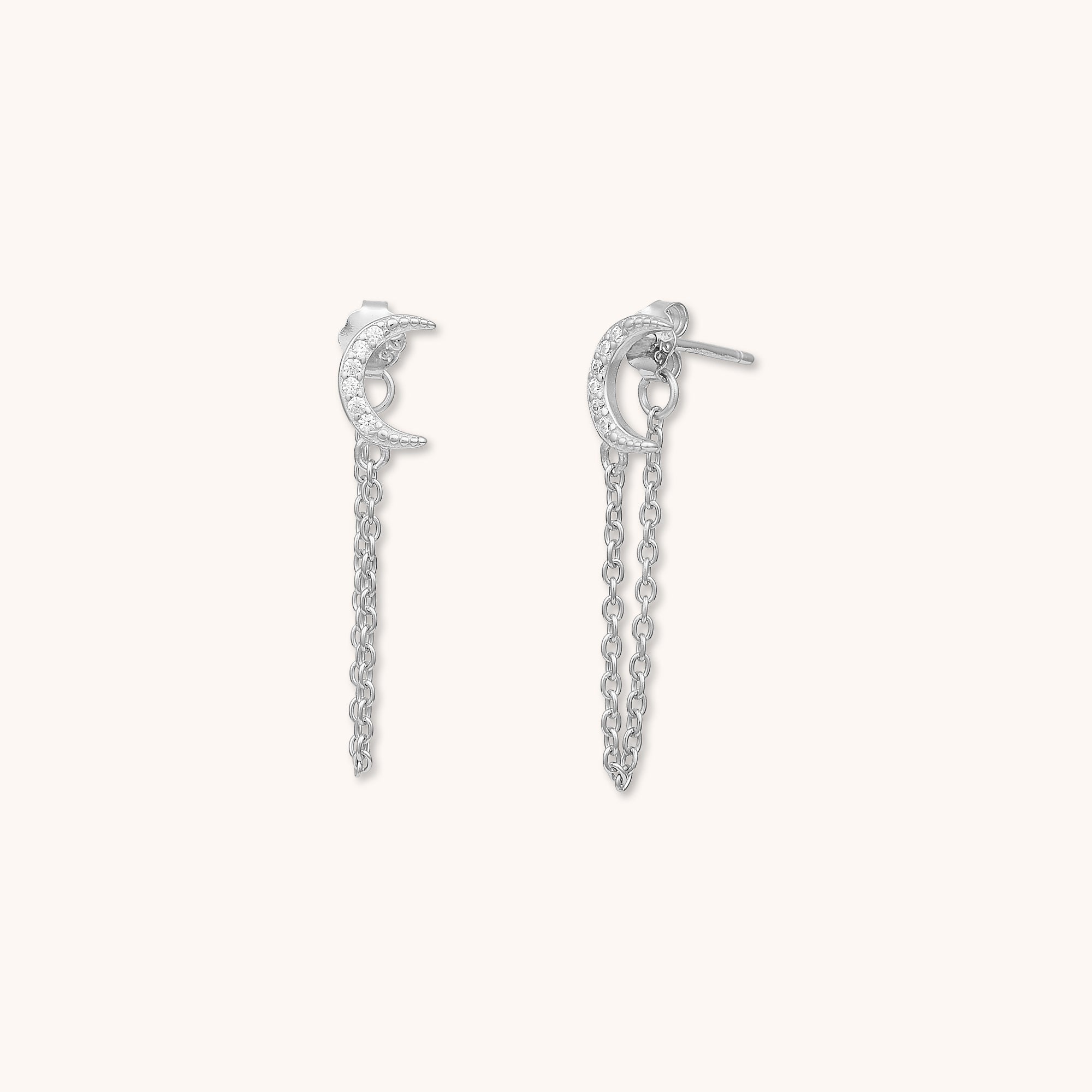 Moon Sapphire Drop Chain Stud Earrings Silver