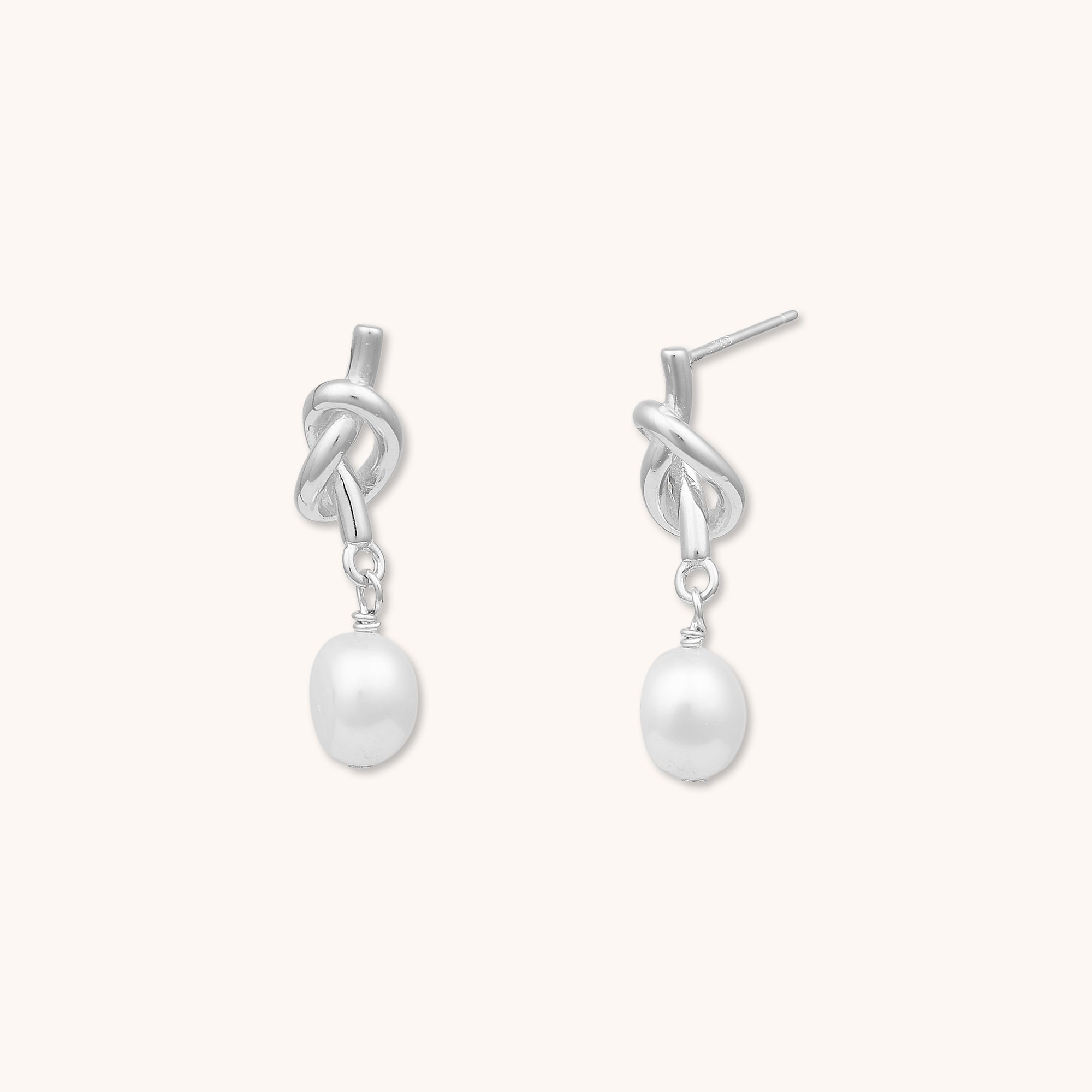 Knot Pearl Stud Earrings Silver