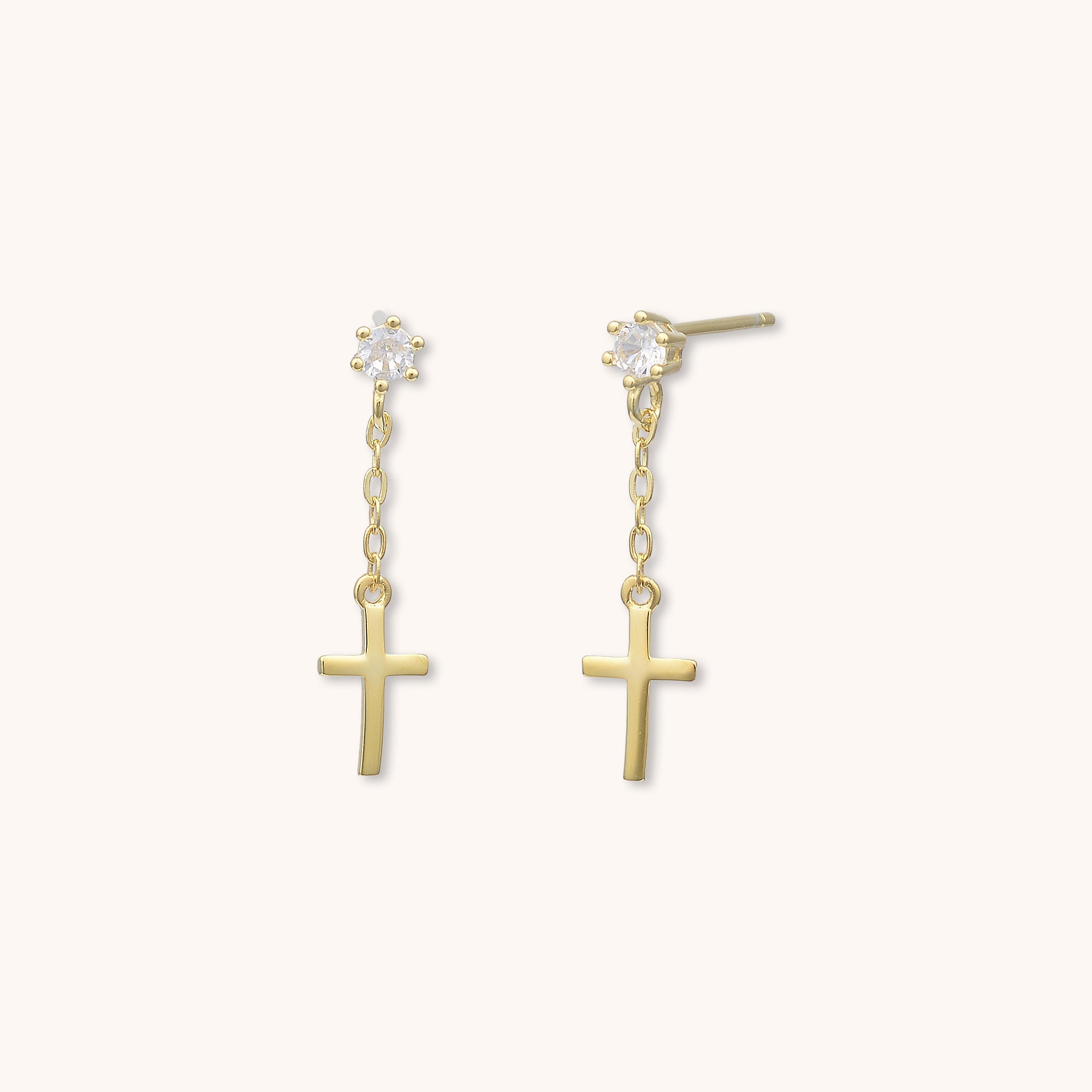 Cross Chain Drop Stud Earrings Gold